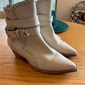 Women's White Studded Ankle Boots - Leather Pointed Toe